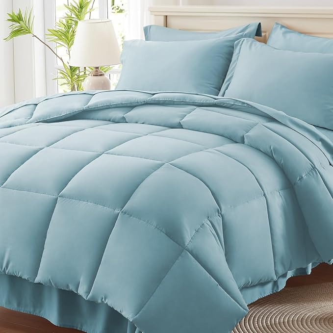Anluoer King Comforter Set 7 Piece, Light Blue Bed in a Bag with Sheets, Comforters King Size Bedding Sets with 1 Comforter, 2 Pillow Shams, 2 Pillowcases, 1 Flat Sheet,1 Fitted Sheet