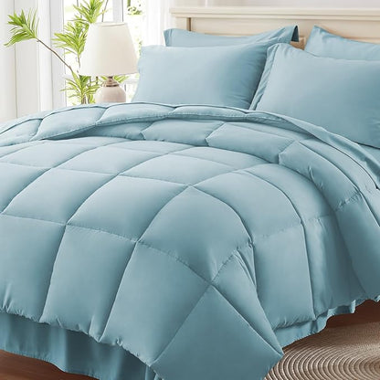 Anluoer California King Size Bed in a Bag 7 Pieces,Light Blue Cal King Comforter Set with Sheets,All Season Bedding Sets with Comforter,Pillow Shams,Pillowcases,Flat Sheet,Fitted Sheet