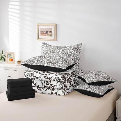 Comforter Set Full Size, Terra Brown Damask Aztec 7 Pcs Bedding for Kids and Adults, Antique Decor Western Baroque Gothic Bed Sheet Sets with Fitted Sheet 2 Pillowcases & 2 Shams for Bedroom Bed Decor