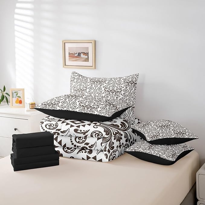 Comforter Set Queen Size, Terra Brown Damask Aztec 7 Pcs Bedding for Kids Adults, Antique Decor Western Baroque Gothic Bed Sheet Sets with Fitted Sheet 2 Pillowcases & 2 Shams for Bedroom Bed Decor