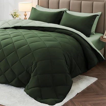 MUXHOMO 7 Pieces Oversized Queen Comforter Set, Reversible Bed in a Bag Oversized Queen Size, All Season Bedding Set, Flat Sheet, Fitted Sheet, Pillowcases & Shams, Dark Green & Light Green