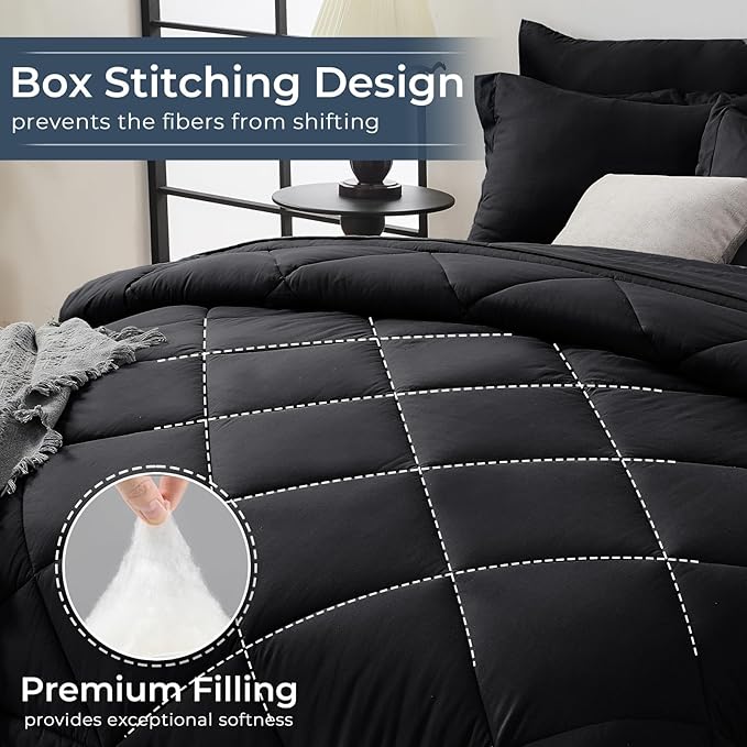 HEVUMYI Black Twin Comforter Set - 5-Piece All Season Bed in a Bag Twin, Ultra Soft Bedding Set with Comforter, Flat Sheet, Fitted Sheet, Pillowcases, Pillow Shams, Black