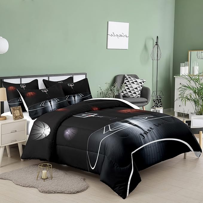 Tailor Shop Sports Basketball Comforter Set for Boys Teens Men Black Basketball Court Comforter Basketball Quilt Bedding Set Soft Lightweight Microfiber King Size with 1 Comforter 2 Pillowcases