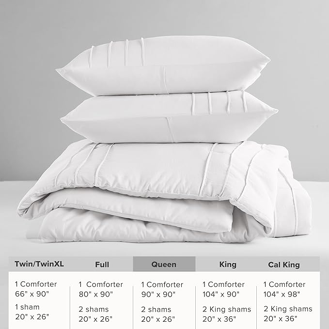 Comfort Spaces White Queen Size Comforter Set - 3 Piece Pintuck Pleated Bedding Set, All Season Lightweight, Extra Softness Pre-Washed Microfiber Queen Bed Set, Shams