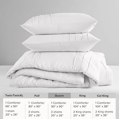 Comfort Spaces White Queen Size Comforter Set - 3 Piece Pintuck Pleated Bedding Set, All Season Lightweight, Extra Softness Pre-Washed Microfiber Queen Bed Set, Shams