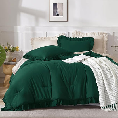 Andency Oversized King Ruffle Comforter Set 120x120, 3 Pieces Dark Green Lightweight Fluffy Super King Bedding Set, Shabby Chic Famhouse All Season Bed Set for Girls Women