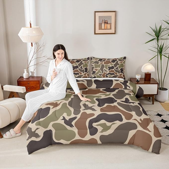 Erosebridal Duck Hunting Comforter Set Toddler Army Camo Bedding Set for Kids Boys Children Green Camouflage Military Comforter Wild Woodland Duvet Set Farmhouse Soft Room Decor