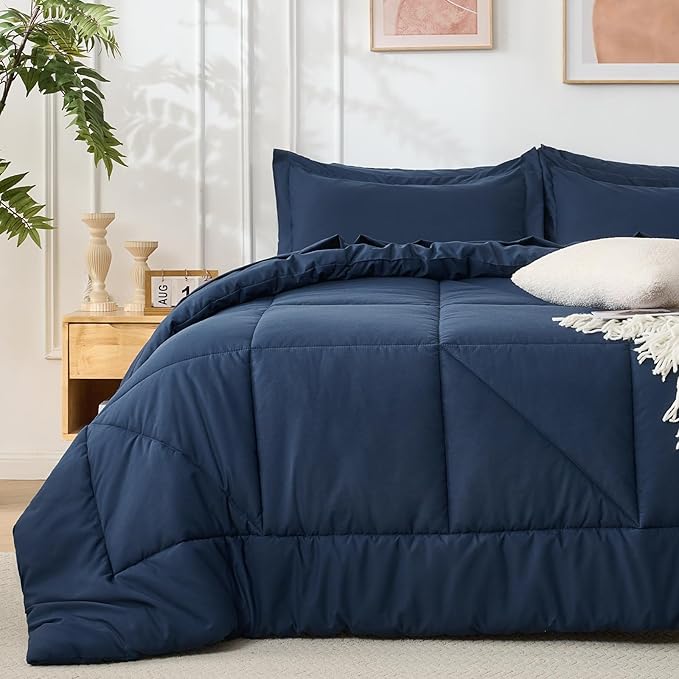 7 Pieces Queen Comforter Set - Utral Soft Microfiber Bedding Set, Thick Duvet Insert Bed in a Bag Without Rustling Noise for All Season, Navy (88"x88")