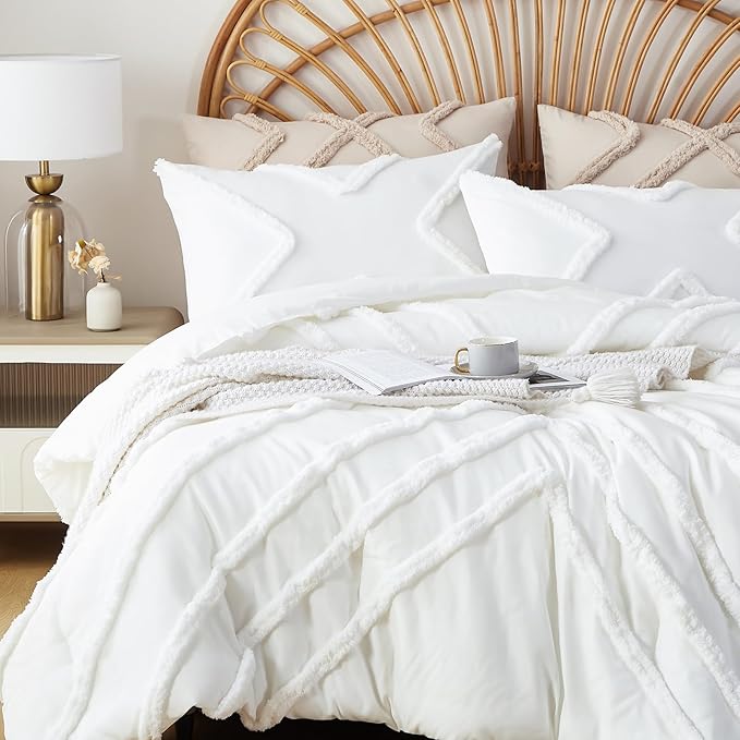 Cupocupa Queen Comforter Set Ivory Tufted Comforters Sets Bedding for Queen Bed 3PCS Boho Comforter Soft Fluffy Lightweight Comforter with 2 Pillow Cases for All Season
