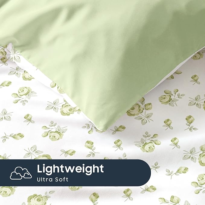 Wake In Cloud - Floral Comforter Set, Coquette Cottagecore Aesthetic Flower Shabby Chic Pattern for Women Teen Girls, Soft Lightweight Bedding, 3 Pieces, White Green, Twin/Twin XL Size