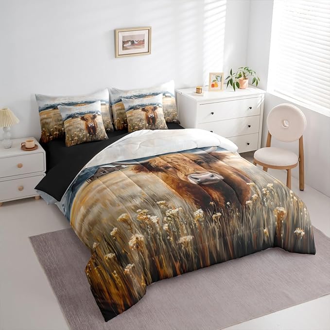 Erosebridal Brown Cow Print Full Bedding Set - Western Highland Bull Bed in A Bag,Rustic Flowers Floral Decor Comforter Sets with Sheets, Farmhouse Country Style 7 Pieces Bed Set Bedroom Decor