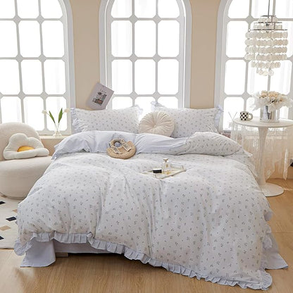HighBuy Ruffle Comforter Set Twin XL White Blue Floral Comforter Coquette Lace Floral Bedding Set Soft Striped Bedding Comforter Set 1 Lightweight Cottagecore Comforter with 2 Pillowcases