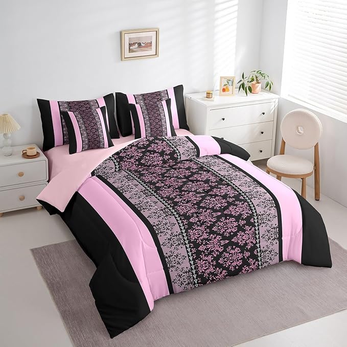 jejeloiu Adult Classic Jacquard 7 Piece Bedding Set King Size Damask Pattern Comforter Set with Sheets for Boys Girls Black Pink Stripe Bed in a Bag Baroque Bed Set