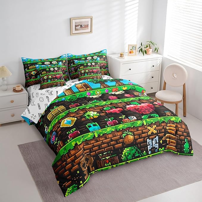 Video Games 7Pcs Comforter Set Queen Size,Colorful Pixelated Themed Bedding Set for Kids Boys Teens Men Room Decor,Sandbox Block Fitted Flat Sheet Funny Gamer Reversible 2 Throw Pillow,2 Pillowcases