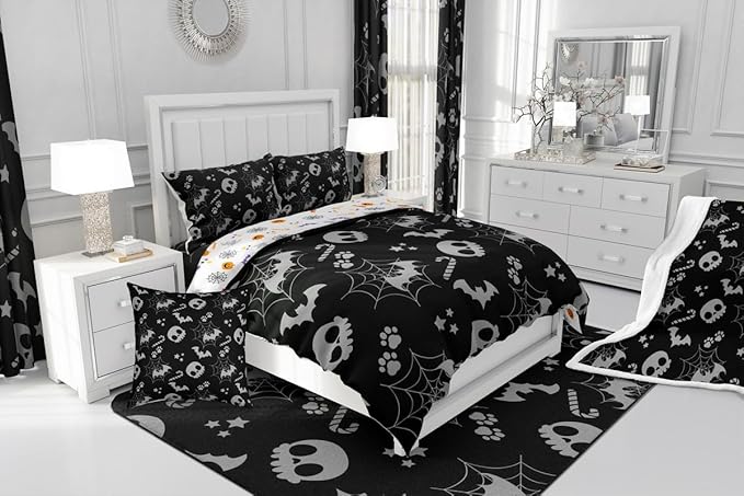 Erosebridal Cute Gray Halloween Bedding Set Full Size Spider Web Skull Bat Comforter Set Spooky Goth Gothic Animal Bed Sets Horror Halloween Duvet Quilt Sets for Kids Teens Adults