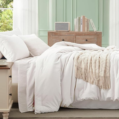Anluoer White Queen Comforter Set 7 Pieces, Bed in a Bag with Sheets, All Season Bedding Sets with 1 Comforter, 2 Pillow Shams, 2 Pillowcases, 1 Flat Sheet, 1 Fitted Sheet