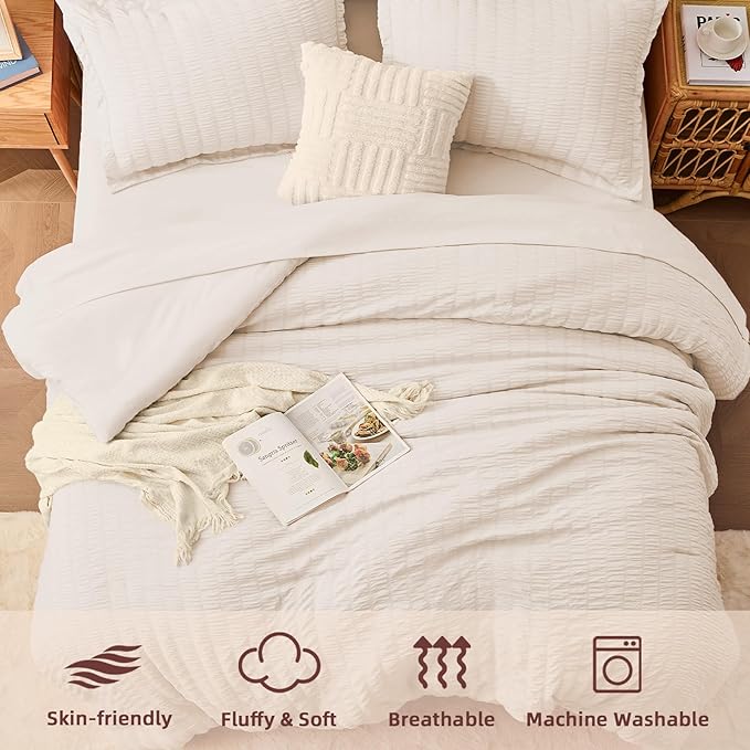 FUANNA Twin Comforter Set 5 Pieces, Luxury Seersucker Twin Bed Set for All Seasons, Soft Twin Bed in a Bag with Comforter, Flat Sheet, Fitted Sheet, Pillowcase & Sham for Bedroom, Beige