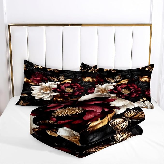 Black Floral Comforter Set Queen Size 3 Pieces Farmhouse Botanical Flower Bedding Set Modern Aesthetic Bedding Soft Lightweight Down Alternative Comforter Sets with 2 Pillowcases