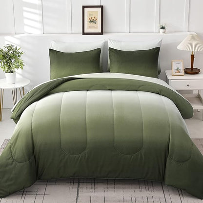 Anibedding Comforter Set Queen Green 7 Pieces Gradient Olive Green Lightweight Bed in a Bag Queen Size Set, All Season Complete Bedding Set with Flat/Fitted Sheet, Pillowcases Pillow Shams