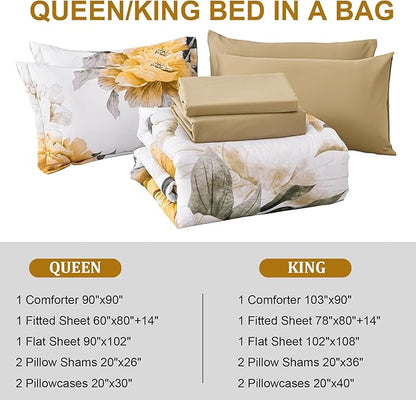 Dobuyly Yellow King Size Comforter Set 7 Piece Bed in a Bag, Yellow Floral Comforter Set with Sheets, Soft Microfiber Botanical Complete Bedding Set for All Season