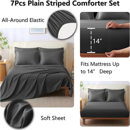 CozyLux Queen Size Comforter Sets - 7 Piece Bed in a Bag Dark Grey Comforter Set with Sheets Queen Bed Set All Seasons, Bedding Set with Down Alternative Comforter, Sheets, Pillowcases & Shams