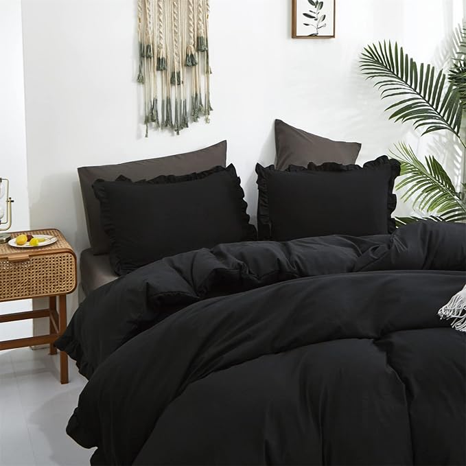 Luxlovery Black Ruffle Comforter Set Queen Farmhouse Shabby Khaki Bedding Comforter Set Full All Black Color Quilts Blankets Vintage Shabby Soft Breathable Boho Bedding Set for Queen Bed Women Men