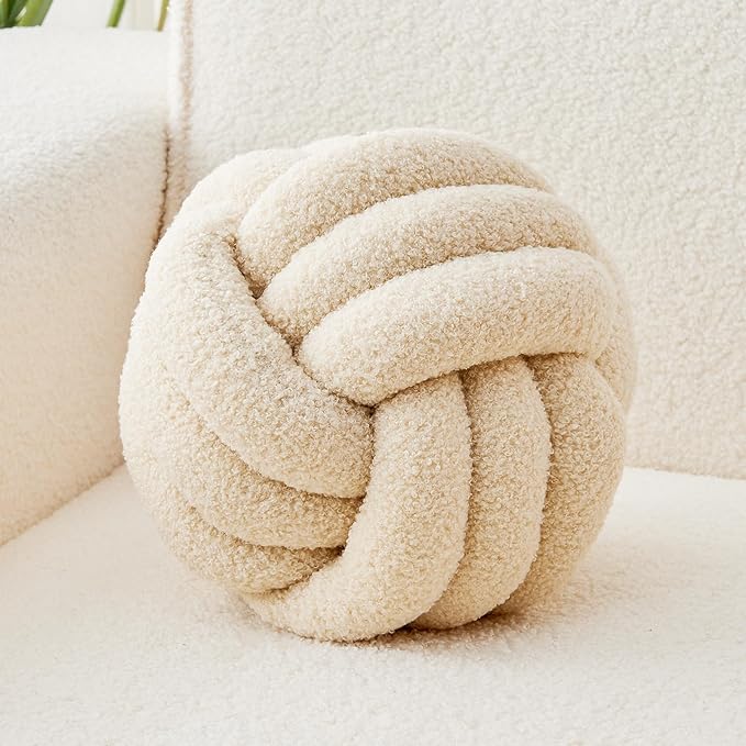 Decorative Throw Knot Pillow Ball for Home Chair Sofa Couch Bed Aesthetic Round Decor Pillows Lambswool Knotted Pillow Cushion (Beige, 13 inches)