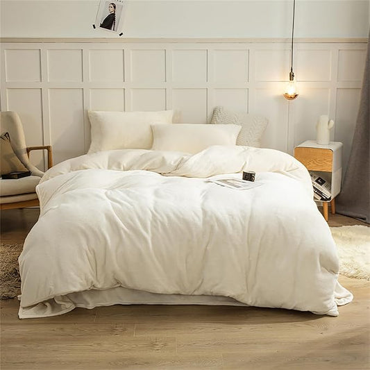 Cottonight Twin Velvet Comforter Set - Plush Fluffy Flannel Bedding - Modern Solid White Blanket Quilts - Soft Thick Warm Plain White Comforter Set for Women & Men