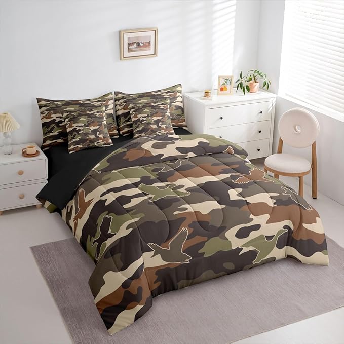 Erosebridal 3D Duck 7 Piece Bedding Set King Camo Camouflage Comforter Set with Sheets Green Dark Wildlife Bed in a Bag Flying Animals Hunting Bed Sets Comforter