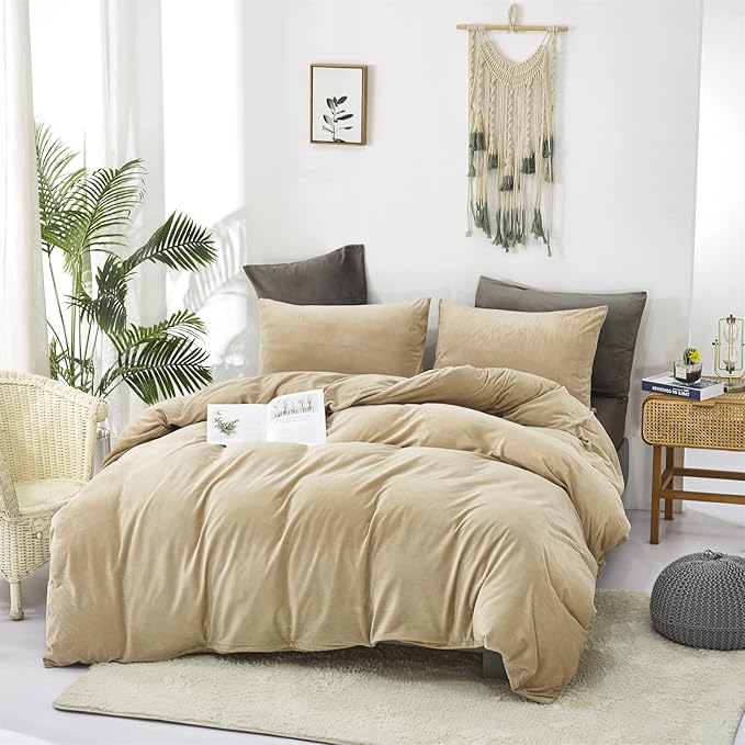 Cottonight Cream Coffee Velvet Comforter Set California King Khaki Bedding Comforter Set Dark Champagne Brown Solid Blanket Quilts Flannel Modern Winter Warm Taupe 3 Piece Light Coffee Bedding Set