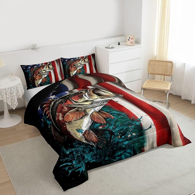 American Flag Bass Fishing Comforter Set Boys Vintage USA Flag Grunge Stripes Bedding Set Big Pike Fish Hunting and Fishing Farmhouse Decor Duvet Insert Fishing Lover Hunting Quilt King Size