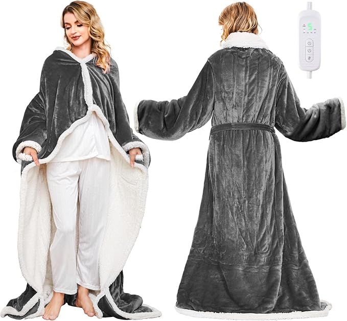 Electric Heated Blanket - Wearable Heated Blanket Throw with Foot Pockets, Sleeves Flannel & Sherpa Wearable Blanket 8 Heating Levels & Timer Snuggle Blankets for Home Office -50*60" Robes for Women