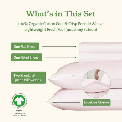 California Design Den Full Bed Sheets Set - Soft 100% Organic Bed Sheets with Deep Pockets, Crisp Percale, Breathable and Durable Bedding Set (Pink - Chalky Tone)