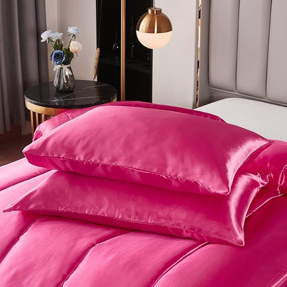 Satin King Comforter Sets Silk Like Hot Pink Comforter Alternative Down Comforter Soft Polyester Filling Luxury Silky Bedding Comforter Set 1 Comforter 2 Pillowcases (King, Hot Pink)