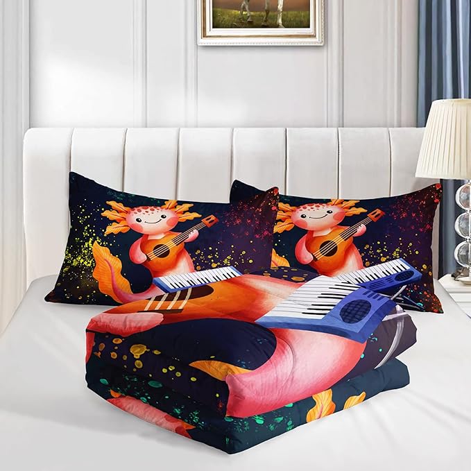HOSIMA Axolotl Kids Bedding Set - Cute Cartoon Axolotl and Colorful Background-Sea Animals Queen Comforter with 2 Pillowcase