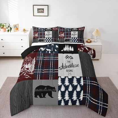Retro Cabin Bedding For Kids, Rustic Adventure Bear Deer Moose Comforter Set Twin Size, Camping Hunting Wild Animal Bedding Comforter Sets Geometric Patchwork Lodge Decor Quilt Deer Decor For Home