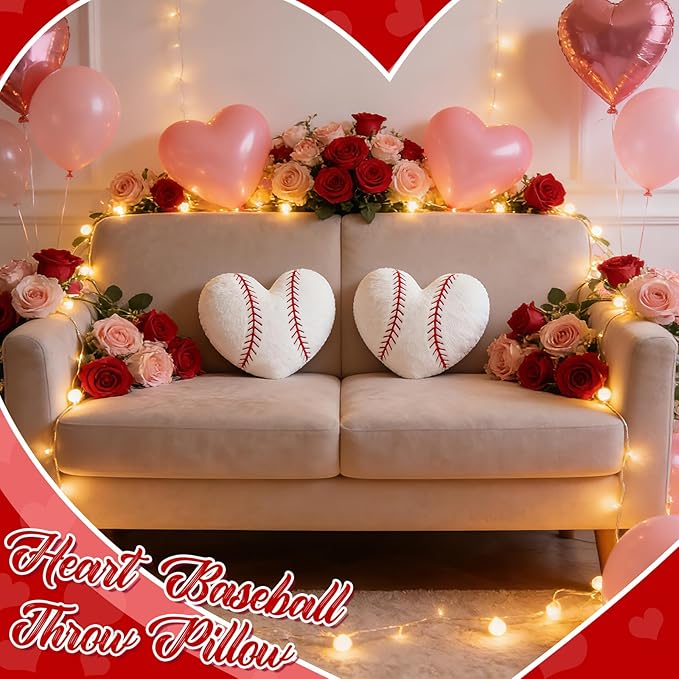 2Pcs Baseball Throw Pillow, 11 in Soft Embroidered Fluffy Baseball Pillow, Stuffed Plush Heart Shape Baseball Pillow for Bedrooom Couch Bed Decoration, Gift for Baseball Lover Player Team