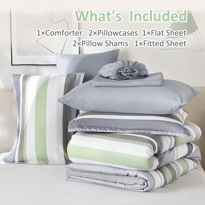 WONGS BEDDING Sage Green Comforter Queen Size Set, 7 Pieces Bed in a Bag Sage Green and Grey Comforter Set, Soft Boho Striped Bedding Sets with Sheets, Pillowcases & Shams