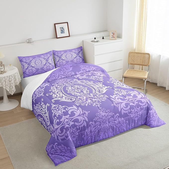 Feelyou Adults Purple Vintage Damask Floral Comforter Set Oriental Antique Comforter King Size Gothic Bohemia Boho Flower Bedding Set Bohemian Exotic Duvet Set Quilt Set 3Pcs