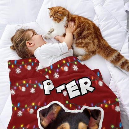 Personalized Christmas Blanket with Pet's Picture & Name, Custom Puppy Photo Collage Throw Blanket, Pet Memorial Blanket Gift for Cat & Dog Lovers, Gifts for Dog Mom & Dad