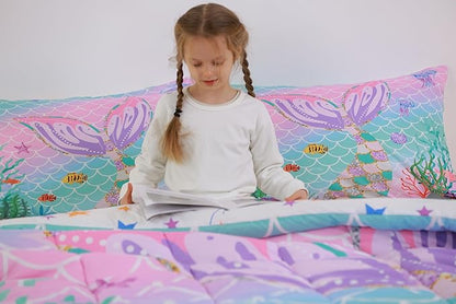 Erosebridal Mermaid Tail Comforter Set,Kids Fish Scales Duvet Stuffing Full,Girly Rainbow Bedding Set Ocean Life Sea Animal Bed Quilt Teal Sequins Pastel Pink Paillette Bedroom Decor,Multicolor