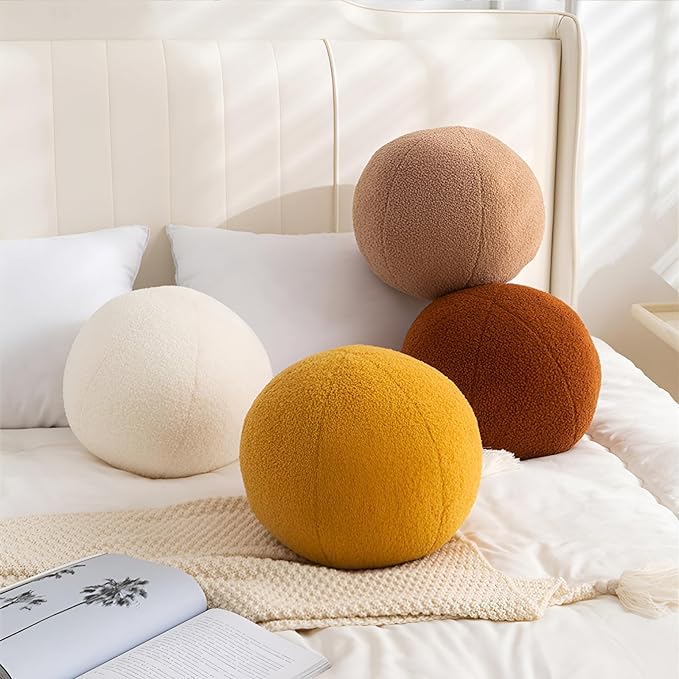 11.8 inch Ball Pillow Nordic Round Throw Pillows Boucle Ball Pillow Sphere Shaped Pillow Round Decorative Pillow for Couch, Sofa, Bedroom (Cream White, 11.8 inch)