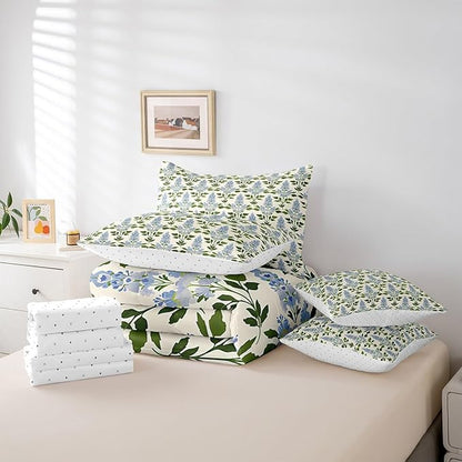 Feelyou Girls Flower Comforter Set with Sheets King Size 7 Pieces Kids Romantic Florals Pattern Bedding Set for Boys Women Teens Botanical Nature Garden Theme Bed in a Bag Room Decor