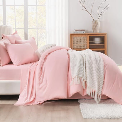 Litanika Queen Comforter Set Pink - 7 Pieces Bed in a Bag Queen Bedding Comforter Sets, Solid Lightweight Bed Set with Comforter, Sheets, Pillowcases & Shams