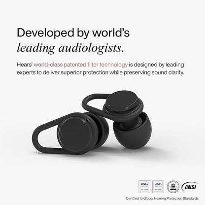 Hears One Ear Plugs for Noise Reduction - Patented Reusable Concert Earplugs, 20dB SNR Sound Reduction, Hypoallergenic for Musicians, Motorcycle and Sleeping with 4 tip Sizes - Jet Black