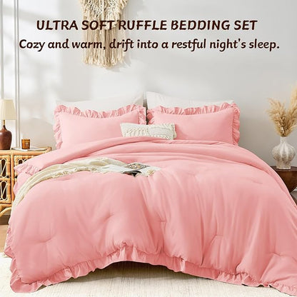FUANNA Pink Queen Comforter Set, 3 Pieces Ruffle Queen Bed Set, Fluffy Bed in a Bag Queen for All Seasons, Shabby Chic Bedding Comforter Sets with 1 Lightweight Comforter & 2 Pillowshams