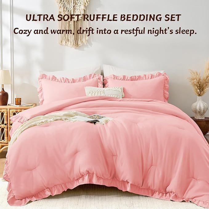 FUANNA Full Size Comforter Sets Pink, 3 Pieces Ruffle Full Size Bedding Sets, Fluffy Bed in a Bag Full for All Seasons, Shabby Chic Full Bed Set with 1 Lightweight Comforter & 2 Pillowshams