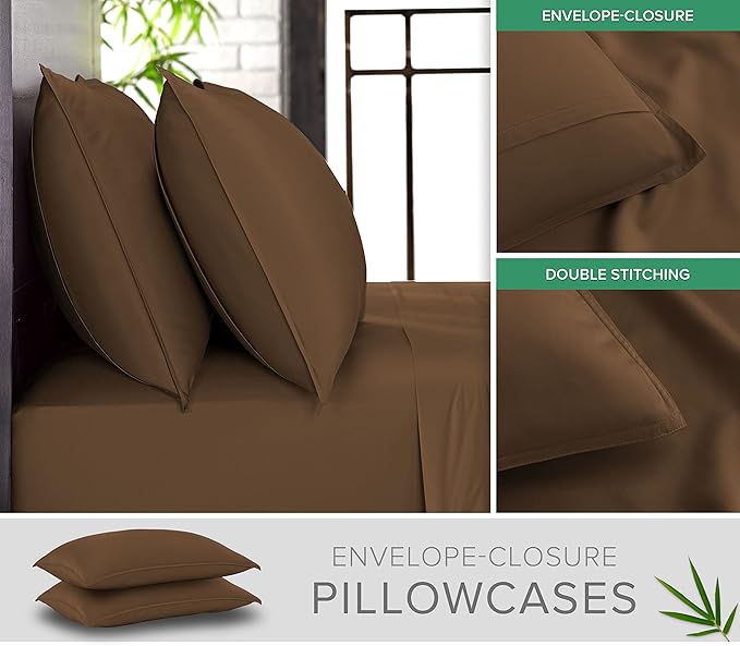 Pure Bamboo Split King Sheets, Genuine 100% Organic Viscose Derived from Bamboo Bed Sheet Set, Soft & Cooling, Double Stitching, 2 Fitted Sheets (Split King, Coconut Husk)