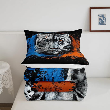 Manfei Tiger Comforter Set for Kids Adults,Jungle Wildlife 3D Animals Bedding Comforter Sets Queen,Watercolor Blue Orange Taekwondo Graffiti Quilt Comforter with 2 Pillowcases