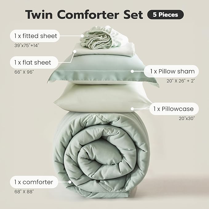 Joiedomi Twin Comforter Set with Sheets Sage Green, 5 Pieces Twin Bedding Sets with 1 Down Alternative Comforter, 1 Flat Sheet, 1 Fitted Sheet, 1 Pillowcase and 1 Pillow Sham Bed in a Bag All Seasons